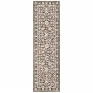 Photo of Grey And Ivory Oriental Power Loom Stain Resistant Runner Rug With Fringe