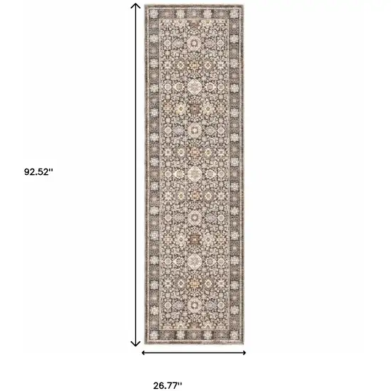 Grey And Ivory Oriental Power Loom Stain Resistant Runner Rug With Fringe Photo 10