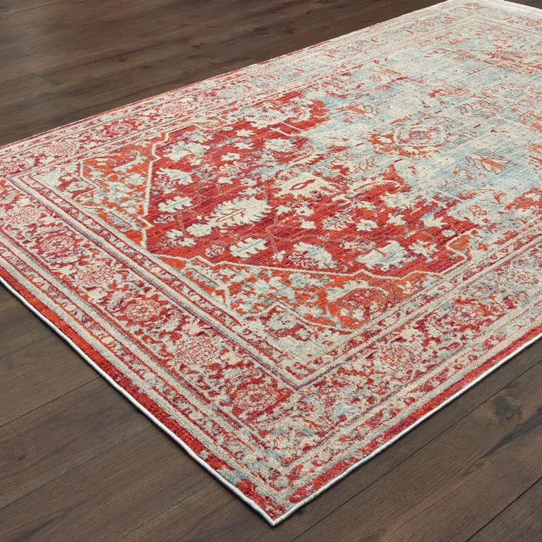 Grey And Orange Oriental Power Loom Stain Resistant Area Rug Photo 4