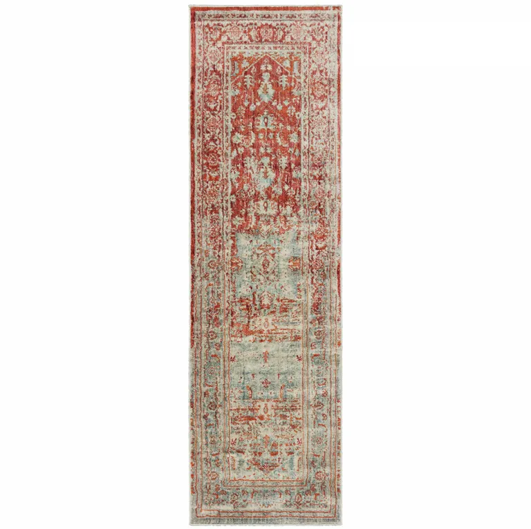 Grey And Orange Oriental Power Loom Stain Resistant Runner Rug Photo 1