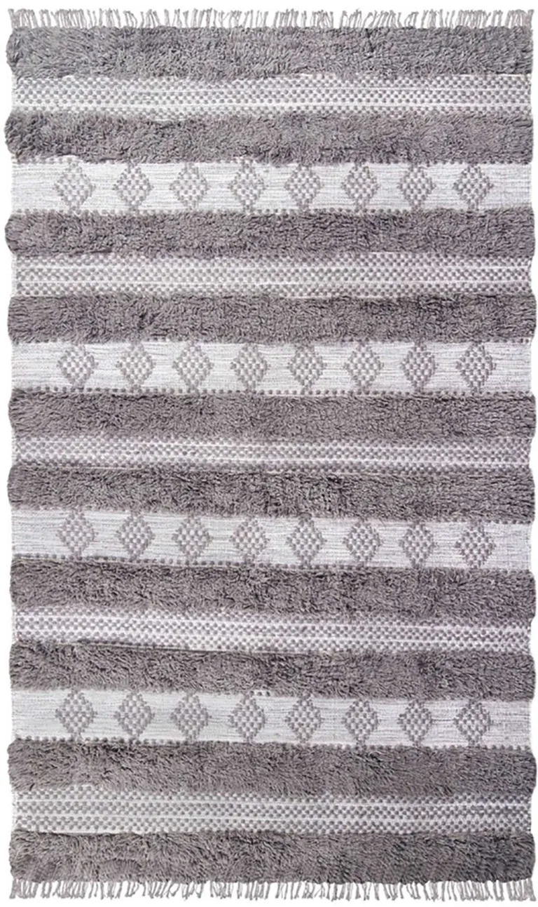 Grey And Silver Wool Striped Flatweave Handmade Stain Resistant Area Rug With Fringe Photo 1