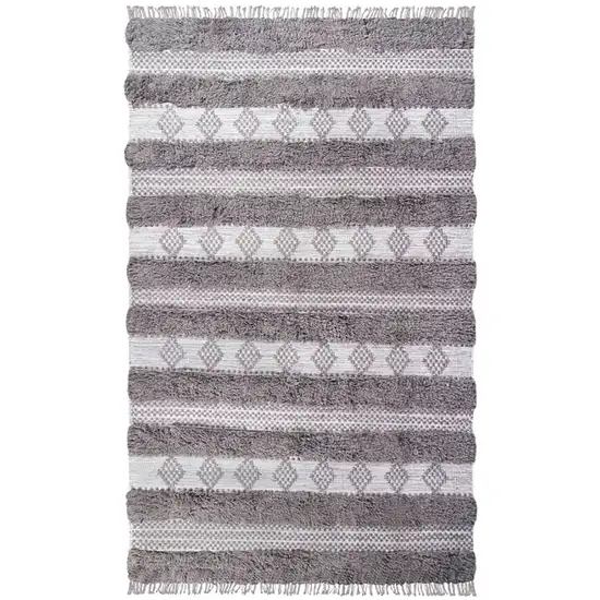 Grey And Silver Wool Striped Flatweave Handmade Stain Resistant Area Rug With Fringe Photo 1