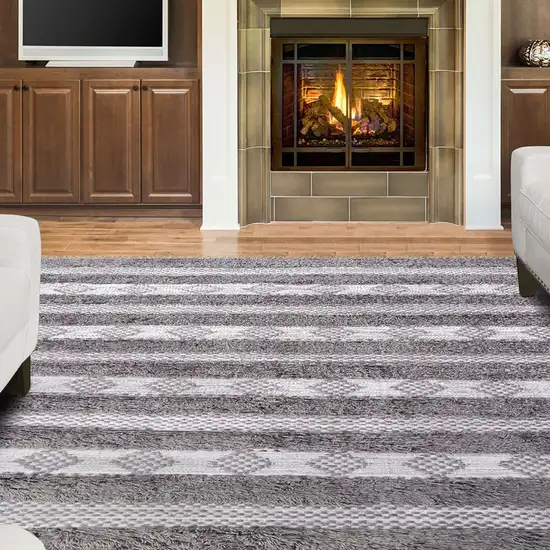 Grey And Silver Wool Striped Flatweave Handmade Stain Resistant Area Rug With Fringe Photo 6