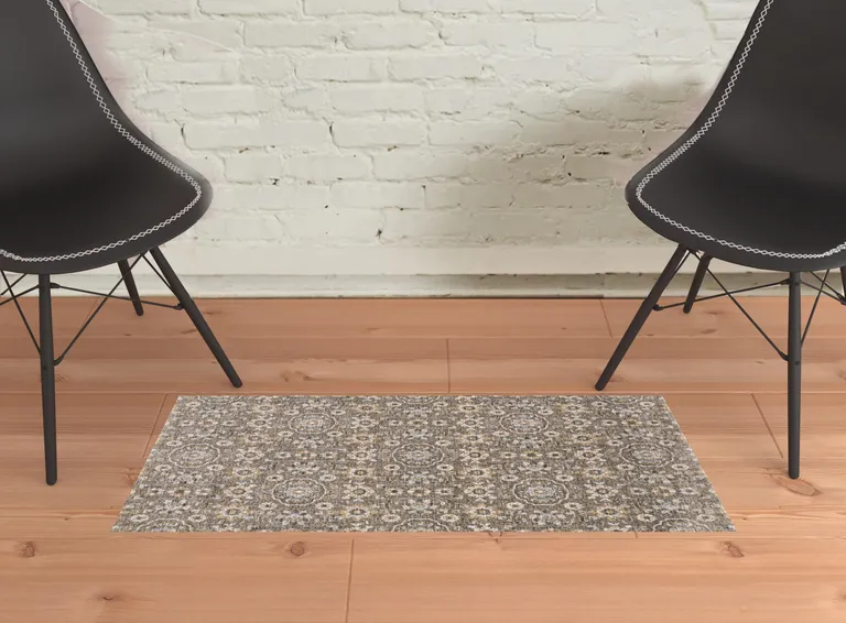 Grey And Tan Floral Power Loom Stain Resistant Area Rug With Fringe Photo 4