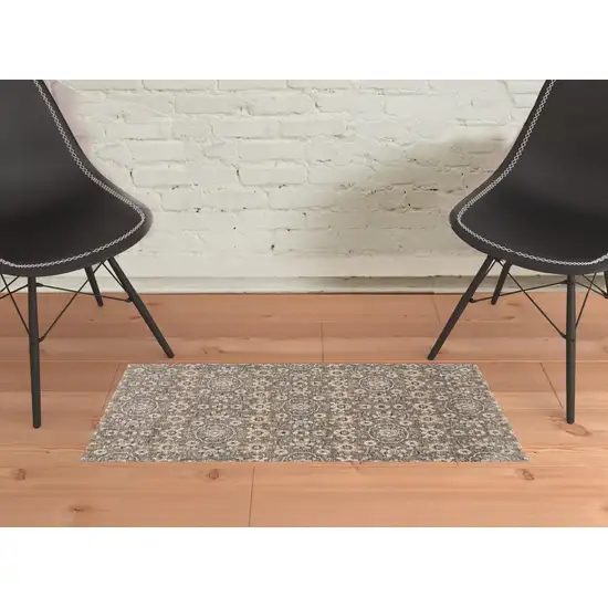 Grey And Tan Floral Power Loom Stain Resistant Area Rug With Fringe Photo 4