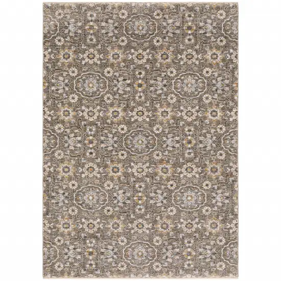 Grey And Tan Floral Power Loom Stain Resistant Area Rug With Fringe Photo 2