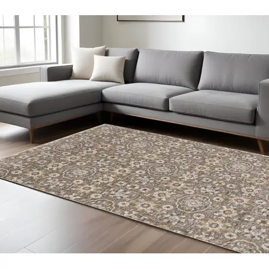 Gray Floral Power Loom Area Rug With Fringe Photo 1