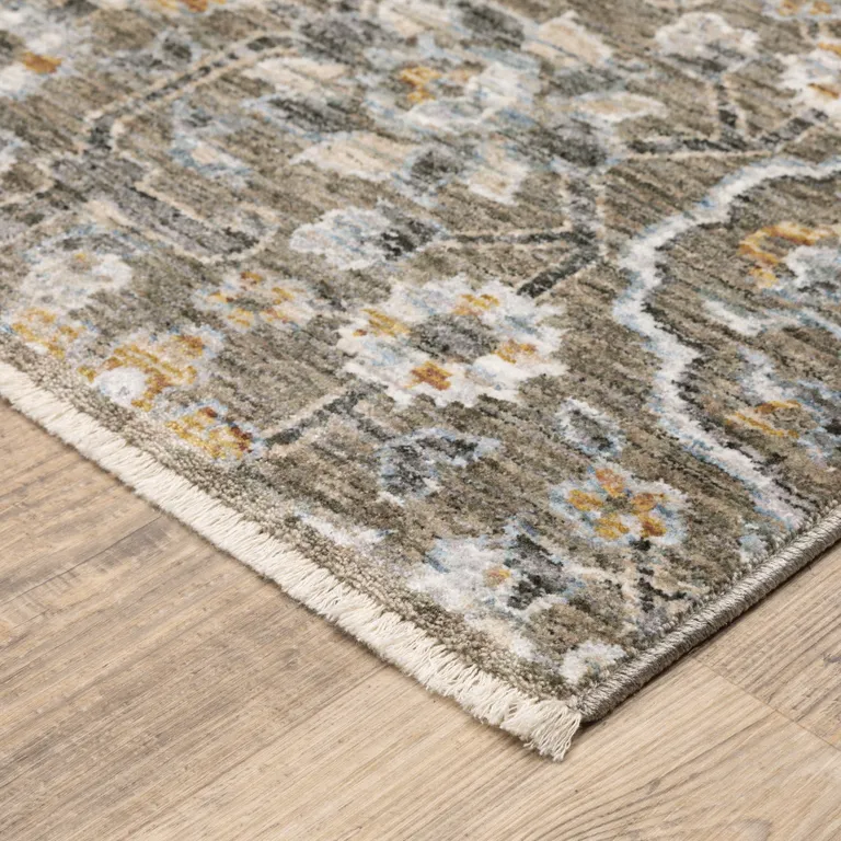 Grey And Tan Floral Power Loom Stain Resistant Area Rug With Fringe Photo 5