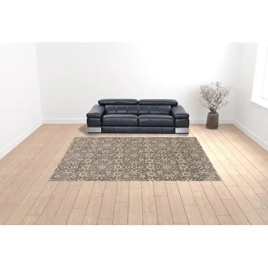 Grey And Tan Floral Power Loom Stain Resistant Area Rug With Fringe Photo 4