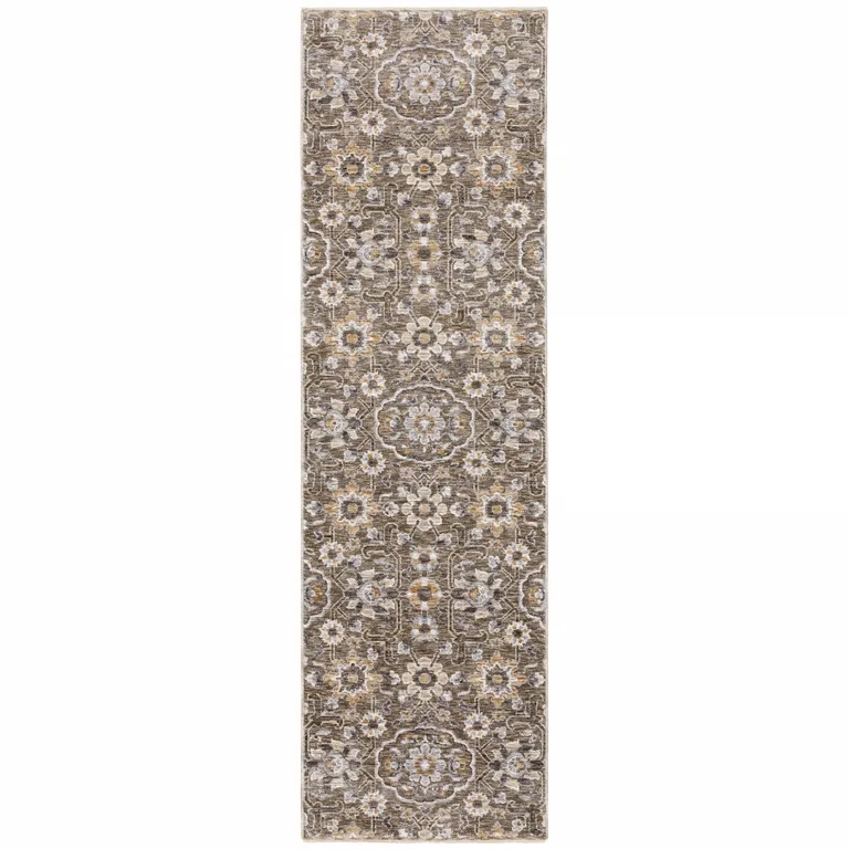 Grey And Tan Floral Power Loom Stain Resistant Runner Rug With Fringe Photo 1