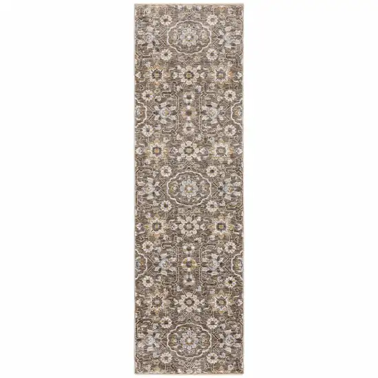 Grey And Tan Floral Power Loom Stain Resistant Runner Rug With Fringe Photo 1