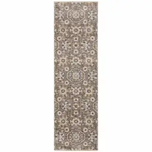 Photo of Grey And Tan Floral Power Loom Stain Resistant Runner Rug With Fringe