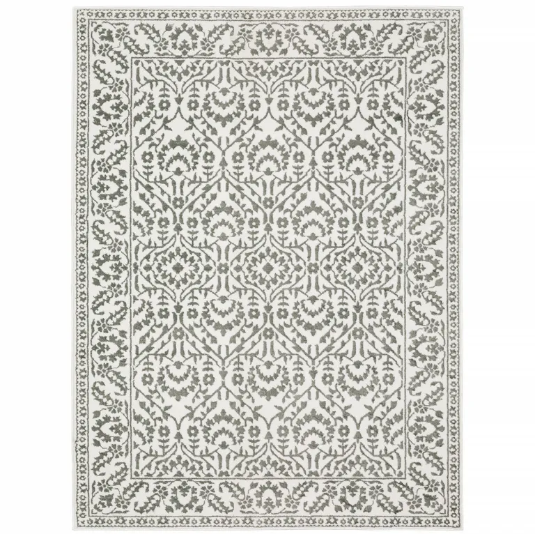 Grey And White Floral Power Loom Stain Resistant Area Rug Photo 1