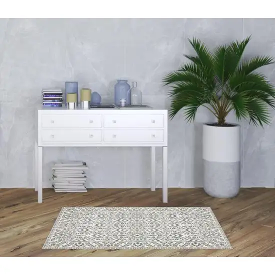 Grey And White Floral Power Loom Stain Resistant Area Rug Photo 3