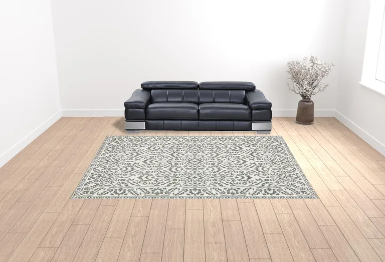 Grey And White Floral Power Loom Stain Resistant Area Rug Photo 3