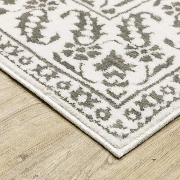 Grey And White Floral Power Loom Stain Resistant Runner Rug Photo 3