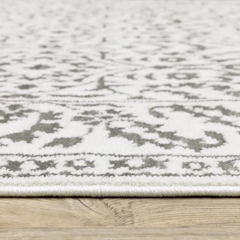 Grey And White Floral Power Loom Stain Resistant Runner Rug Photo 4