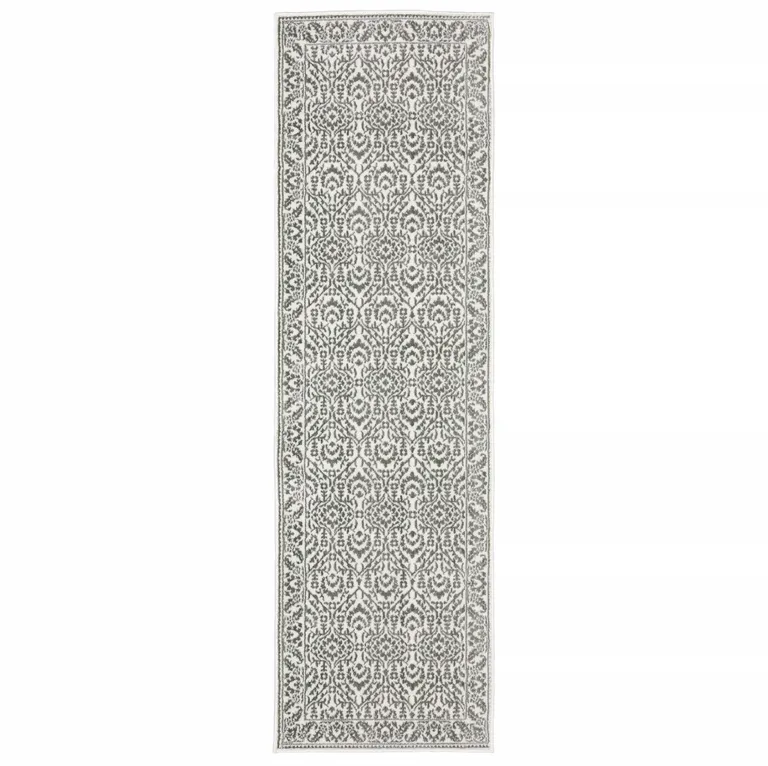 Grey And White Floral Power Loom Stain Resistant Runner Rug Photo 1