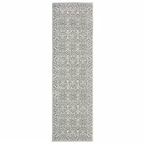 Photo of Grey And White Floral Power Loom Stain Resistant Runner Rug