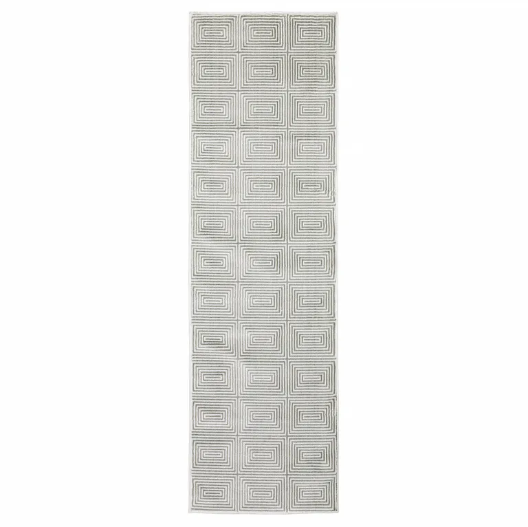 Grey And White Geometric Power Loom Stain Resistant Runner Rug Photo 1