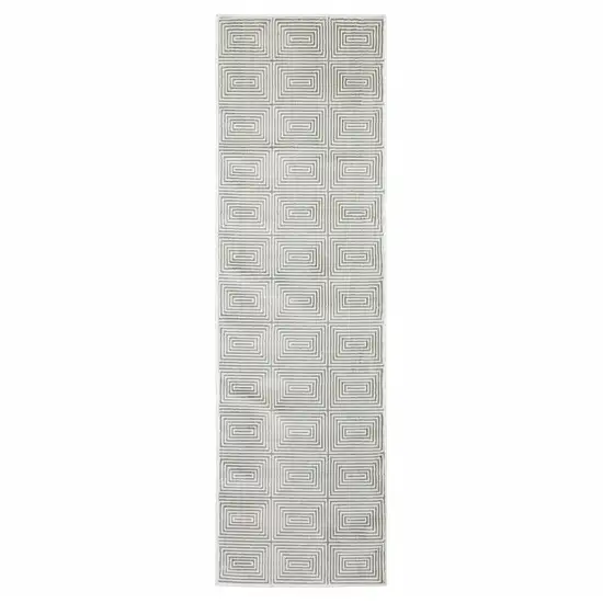 Grey And White Geometric Power Loom Stain Resistant Runner Rug Photo 1