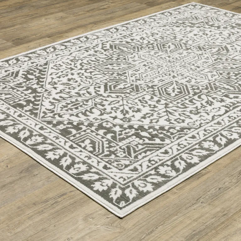 Grey And White Oriental Power Loom Stain Resistant Area Rug Photo 5