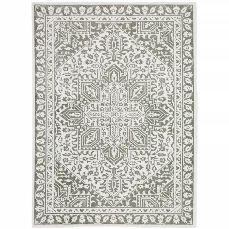 Grey And White Oriental Power Loom Stain Resistant Area Rug Photo 1