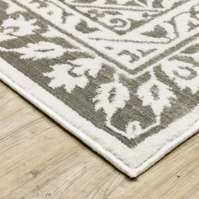 Grey And White Oriental Power Loom Stain Resistant Area Rug Photo 4