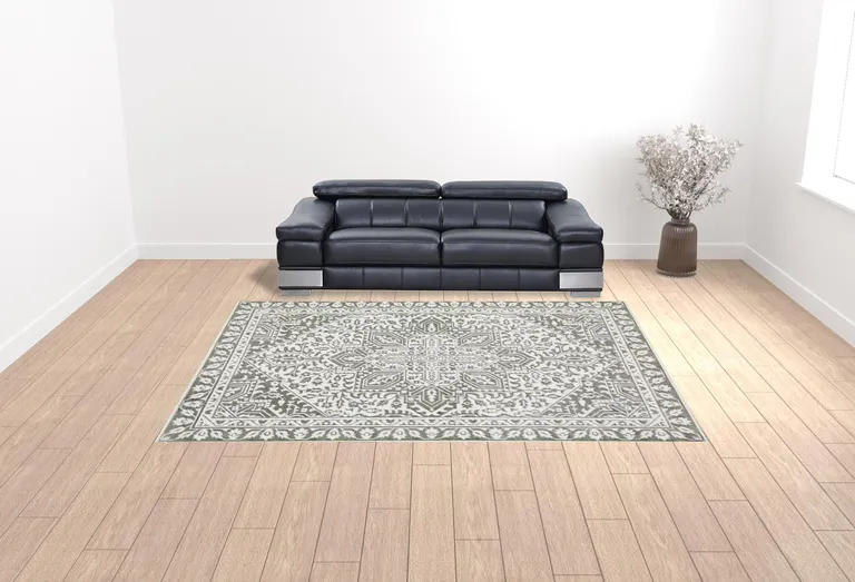 Grey And White Oriental Power Loom Stain Resistant Area Rug Photo 3