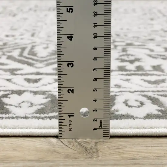 Grey And White Oriental Power Loom Stain Resistant Runner Rug Photo 8