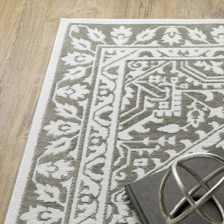 Grey And White Oriental Power Loom Stain Resistant Runner Rug Photo 4