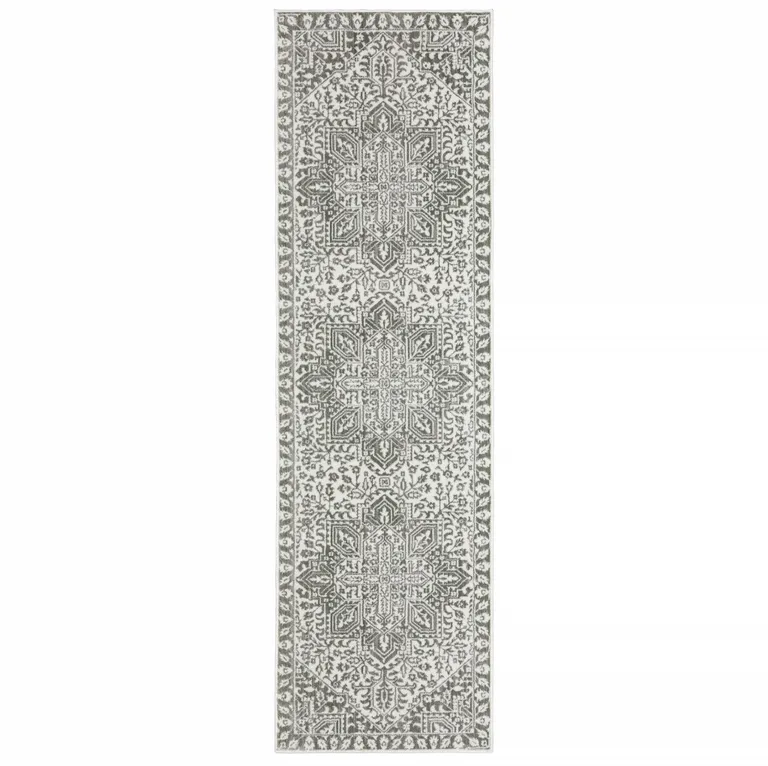 Grey And White Oriental Power Loom Stain Resistant Runner Rug Photo 1