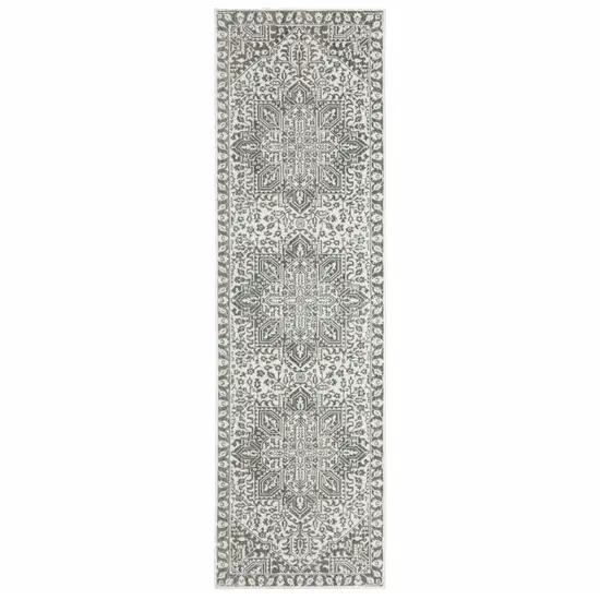 Grey And White Oriental Power Loom Stain Resistant Runner Rug Photo 2