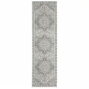 Photo of Grey And White Oriental Power Loom Stain Resistant Runner Rug