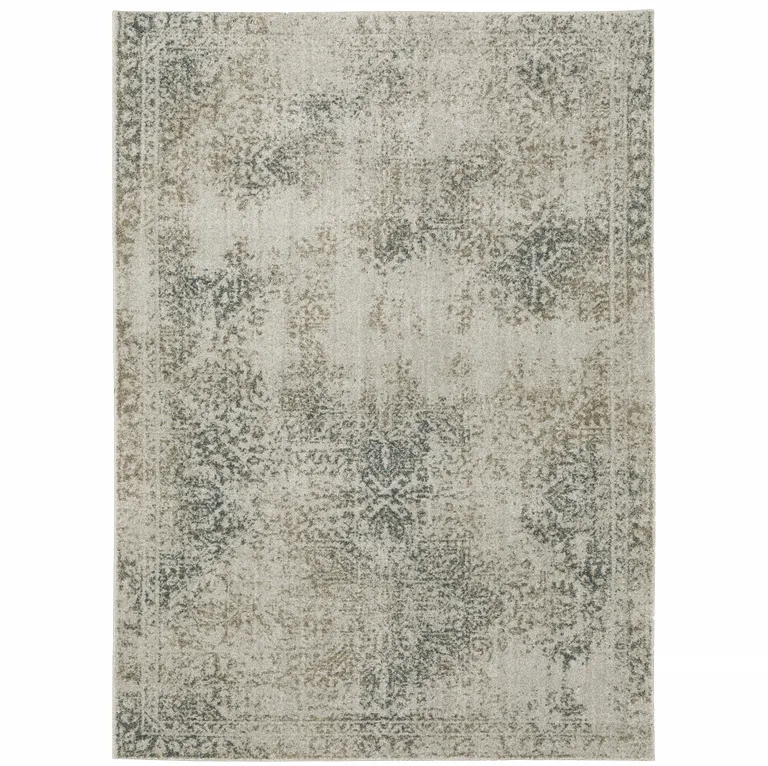 Grey Beige And Teal Oriental Power Loom Stain Resistant Area Rug Photo 1