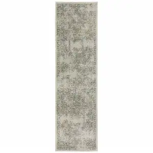 Photo of Grey Beige And Teal Oriental Power Loom Stain Resistant Runner Rug