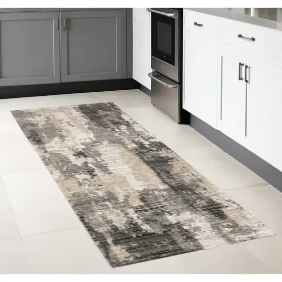 2' X 8' Grey Beige Charcoal Brown Tan And Ivory Abstract Power Loom Stain Resistant Runner Rug Photo 2