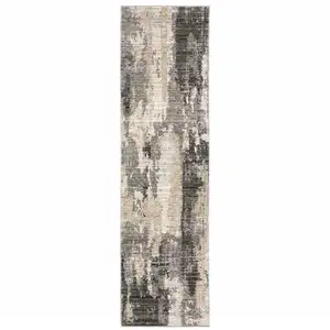 Photo of Grey Beige Charcoal Brown Tan And Ivory Abstract Power Loom Stain Resistant Runner Rug