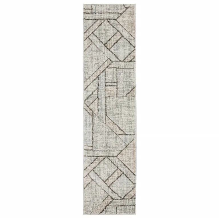 Grey Beige Sage Brown Tan Charcoal And Pale Blue Geometric Power Loom Stain Resistant Runner Rug Photo 1