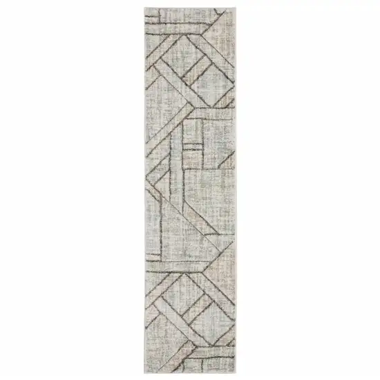 Grey Beige Sage Brown Tan Charcoal And Pale Blue Geometric Power Loom Stain Resistant Runner Rug Photo 1