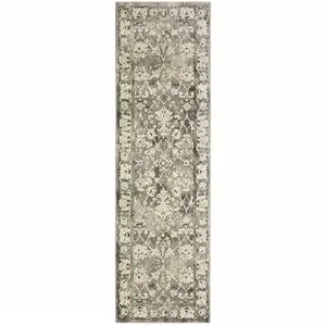 Photo of Grey Beige Tan And Brown Oriental Power Loom Stain Resistant Runner Rug