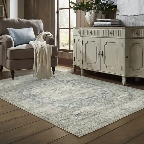 Grey Blue And Ivory Oriental Power Loom Stain Resistant Area Rug Photo 8