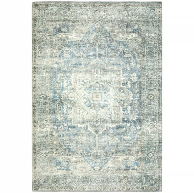 Grey Blue And Ivory Oriental Power Loom Stain Resistant Area Rug Photo 1