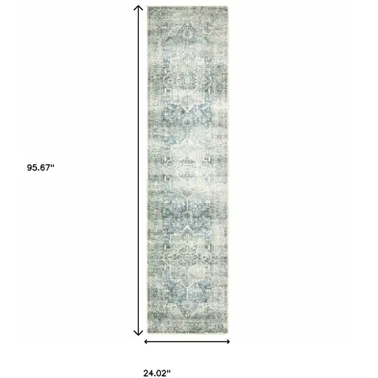 Grey Blue And Ivory Oriental Power Loom Stain Resistant Runner Rug Photo 10