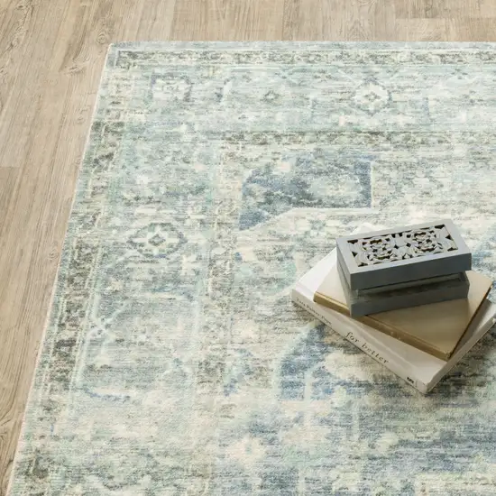 Grey Blue And Ivory Oriental Power Loom Stain Resistant Runner Rug Photo 5