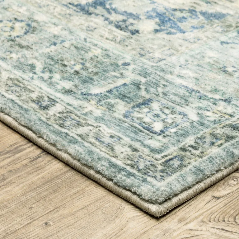 Grey Blue And Ivory Oriental Power Loom Stain Resistant Runner Rug Photo 4