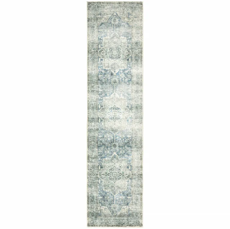 Grey Blue And Ivory Oriental Power Loom Stain Resistant Runner Rug Photo 1