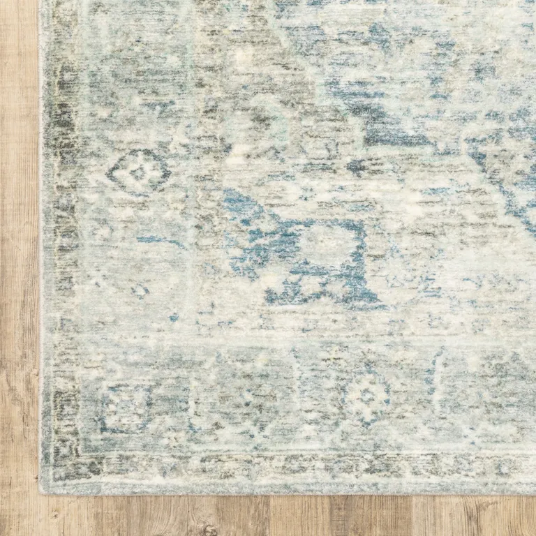 Grey Blue And Ivory Oriental Power Loom Stain Resistant Runner Rug Photo 2