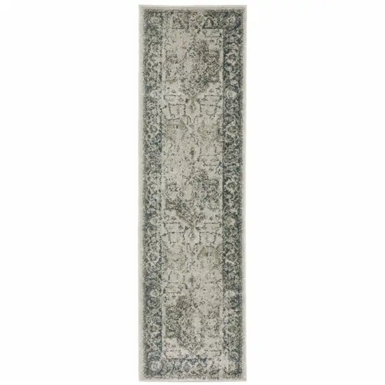 Grey Blue And Teal Oriental Power Loom Stain Resistant Runner Rug Photo 1