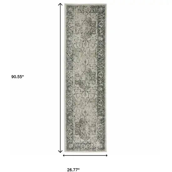 Grey Blue And Teal Oriental Power Loom Stain Resistant Runner Rug Photo 10